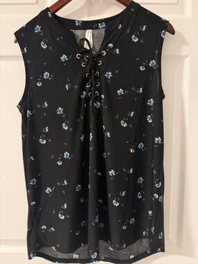 French Twist Sleeveless Blouse Black Blue Floral Lace-Up Neck Women’s L